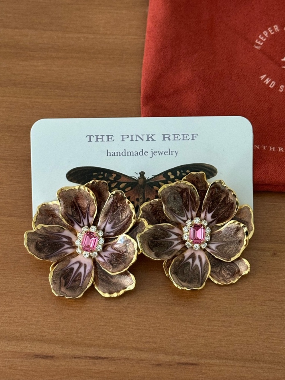 Anthropologie Gold & Brown Floral Clip-On Earrings with Pink Crystal